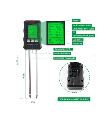 Medidor PH Humedad Suelo Temperatura 6 en 1 c/iluminación